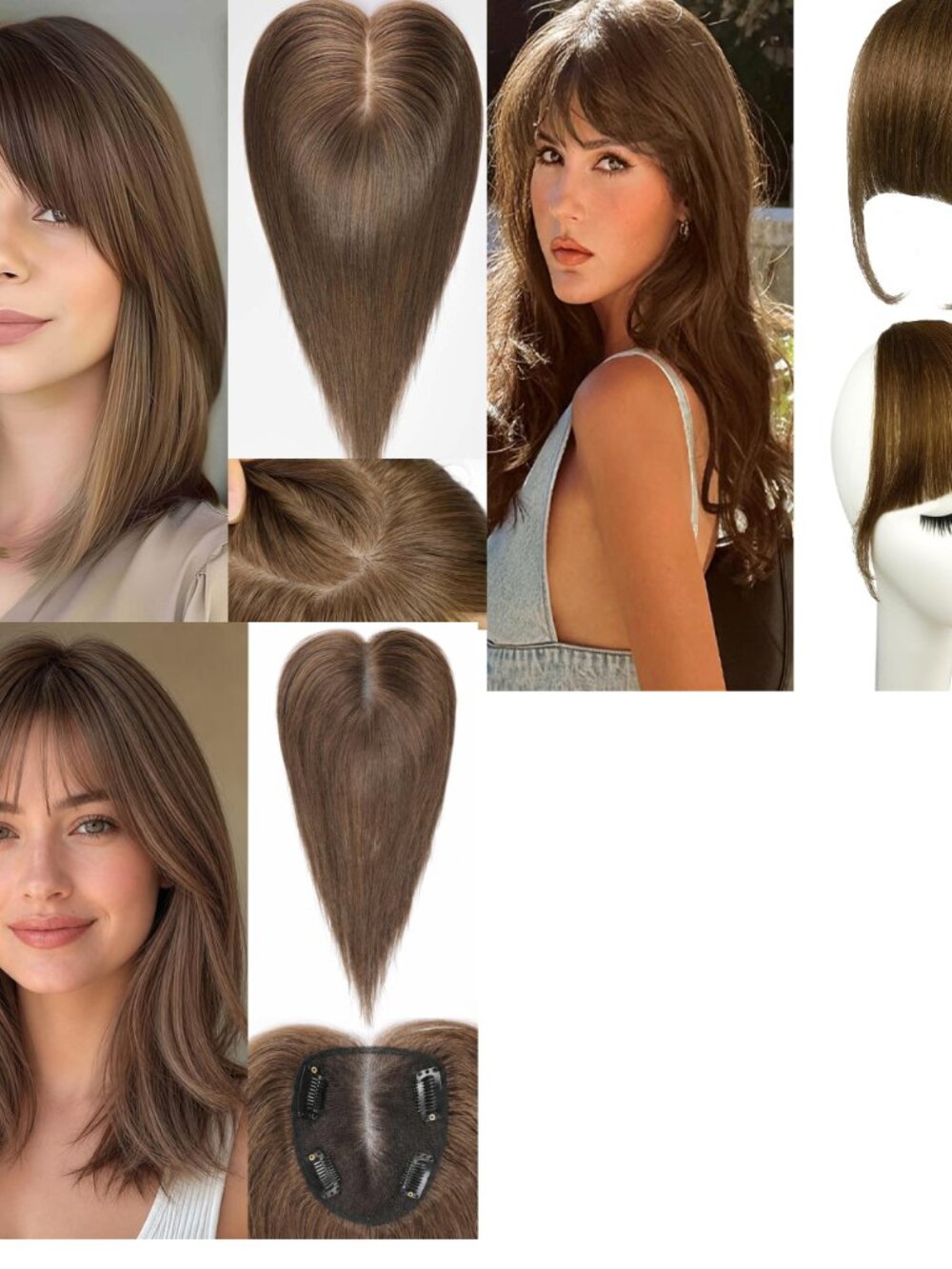 2 Jouhoo - 12" Brown Human Hair Clip In Toppers w Bangs - PLUS Bonus Bangs